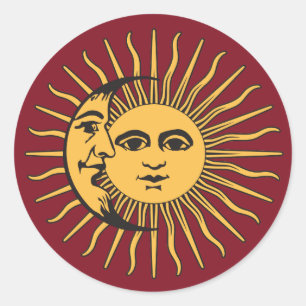 Sticker Rond Soleil et Lune Face Bohème Vintage or et rouge