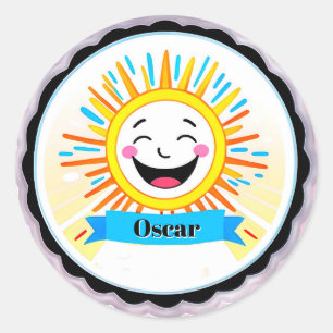 Sticker Rond Soleil joyeux dessin animé avec visage souriant