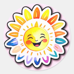 Sticker Rond Soleil joyeux dessin animé avec visage souriant