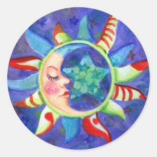 Sticker Rond SOLEIL, LUNE & ÉTOILES par SHARON SHARPE