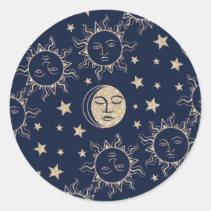 Sticker Rond Soleil & Lune Retro Magic Navy Bleu Vintage Célest