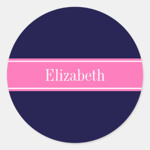 Sticker Rond Solid Navy Blue Hot Pink #2 Ribbon Nom Monogram