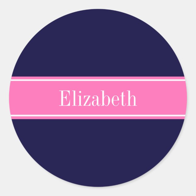 Sticker Rond Solid Navy Blue Hot Pink #2 Ribbon Nom Monogram (Devant)