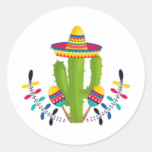 Sticker Rond Sombrero portant Cactus avec Maracas