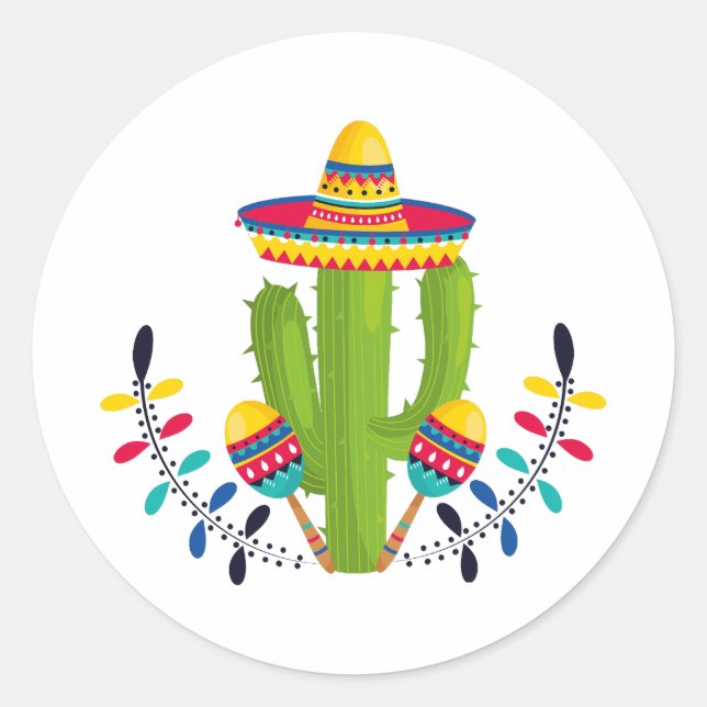 Sticker Rond Sombrero portant Cactus avec Maracas (Devant)