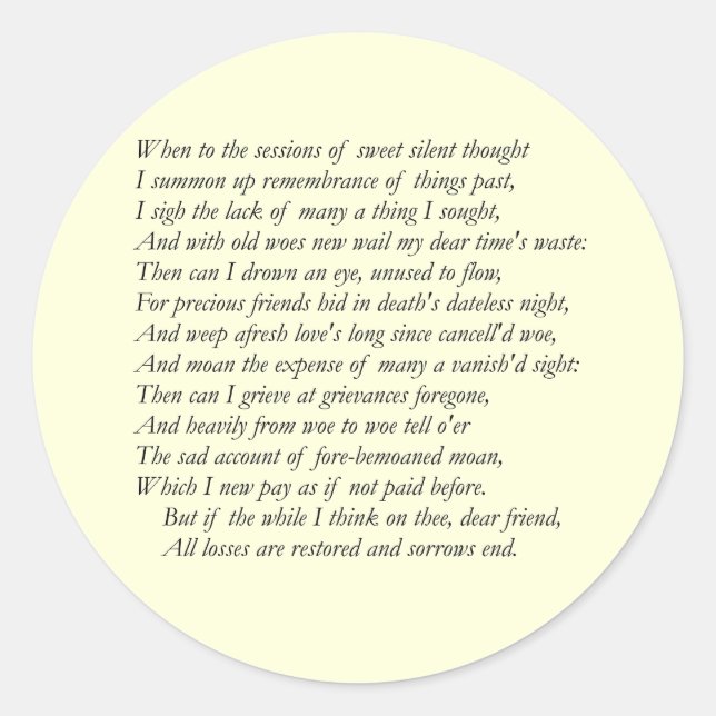 Sticker Rond Sonnet # 30 par William Shakespeare (Devant)