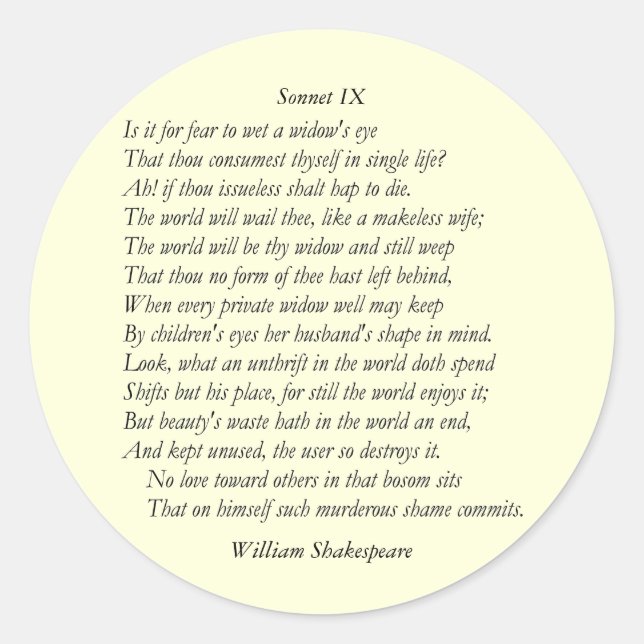 Sticker Rond Sonnet # 9 par William Shakespeare (Devant)