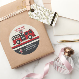 Sticker Rond Sonnez le Baby shower de pompier minimaliste d'ala