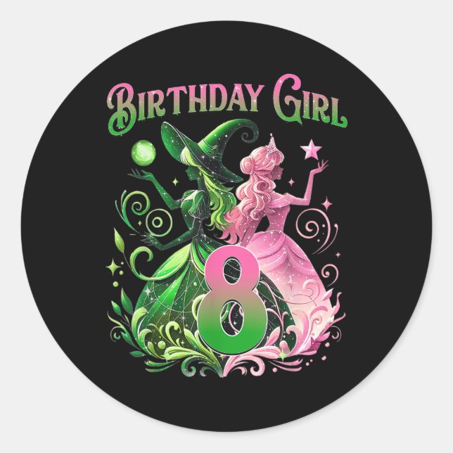 Sticker Rond Sorcière 8 Ans Rose et Vert Oiseau 8 Ans (Devant)