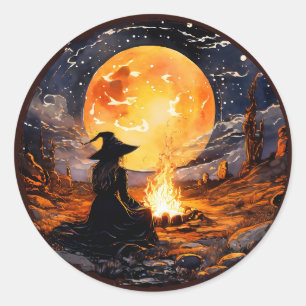 Sticker Rond Sorcière avec bougies et feu - Wicca Halloween 1