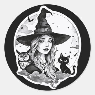 Sticker Rond Sorcière avec un chat et une chouette - Halloween 