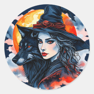 Sticker Rond Sorcière avec un loup - Halloween Fun 2