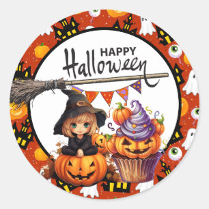 Sticker Rond Sorcière de citrouille d'Halloween