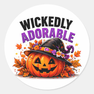 Sticker Rond Sorcière de citrouille mignonne et méchamment ador