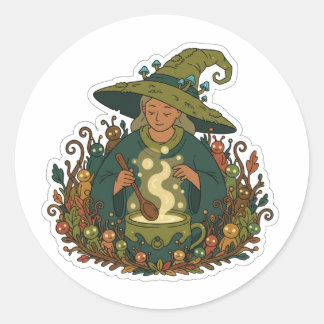 Sticker Rond Sorcière de la forêt fantaisiste | Boisson magique