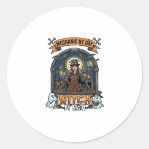 Sticker Rond Sorcière de nuit mécanique Jour Halloween Steampun