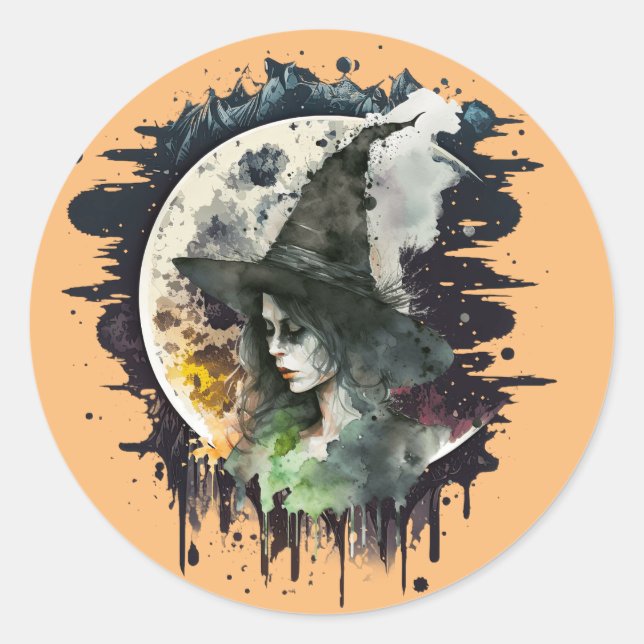 Sticker Rond Sorcière d'Halloween et Pleine lune (Devant)