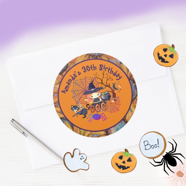 Sticker Rond Sorcière d'Halloween fête d'anniversaire Orange (Halloween Witch Birthday Party Orange Classic Round Sticker)