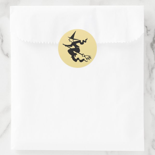 Sticker Rond Sorcière éffrayante Black Flying Faux Gold Hallowe (Sac)