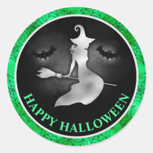 Sticker Rond Sorcière et chauves-souris vert et noir Halloween