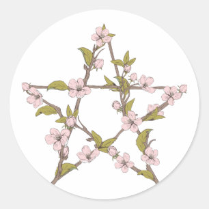 Sticker Rond Sorcière florissante de fleurs de pentagramme