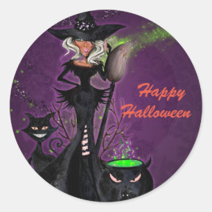 Sticker Rond Sorcière Glam de la fête d'Halloween en vert noir 