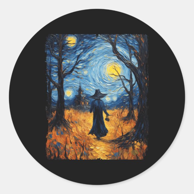 Sticker Rond Sorcière Halloween Starry Night Van Gogh Costume A (Devant)