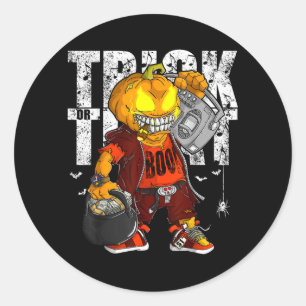 Sticker Rond Sorcière Licorne Halloween Chat Noir Lune Orange