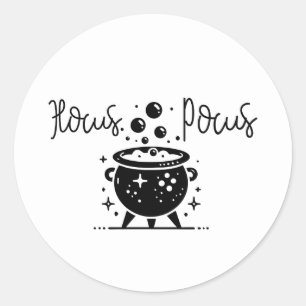 Sticker Rond Sorcière noir et blanc Chaudron Fête d'Halloween