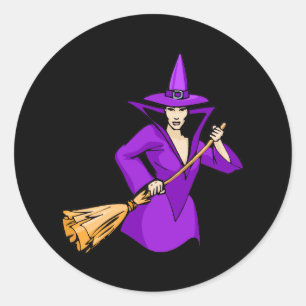 Sticker Rond Sorcière pourpre avec le balai