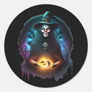 Sticker Rond Sorcière Sinister éffrayante La Nuit