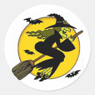 Sticker Rond Sorcière sur Broomstick