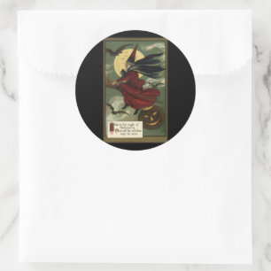 Sticker Rond Sorcière vintage de Halloween chevauchant un balai
