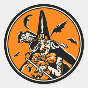 Sticker Rond Sorcière vintage et Jack O'Lantern de Halloween
