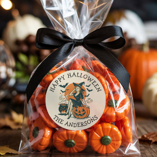 Sticker Rond Sorcière Vintage Halloween personnalisée sur chauv