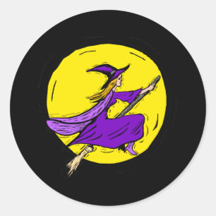 Sticker Rond Sorcière violette à travers la lune