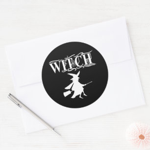 Sticker Rond Sorcière volante méchante noire Halloween