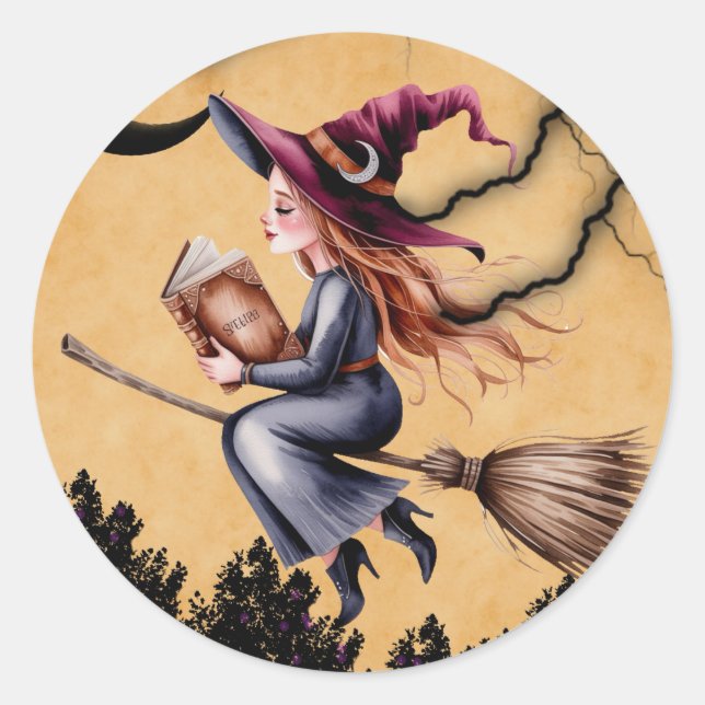 Sticker Rond Sorcière Whimsical Flying Broom Girl Birthday Part (Devant)