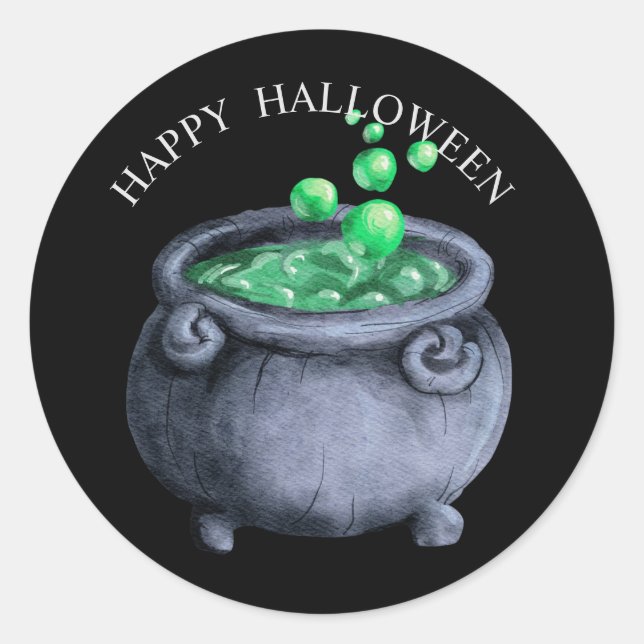 Sticker Rond Sorcières à l'aquarelle d'Halloween avec chaudron  (Devant)