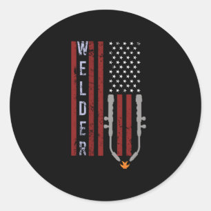 Sticker Rond Soudeur Vintage USA American Flag Welder