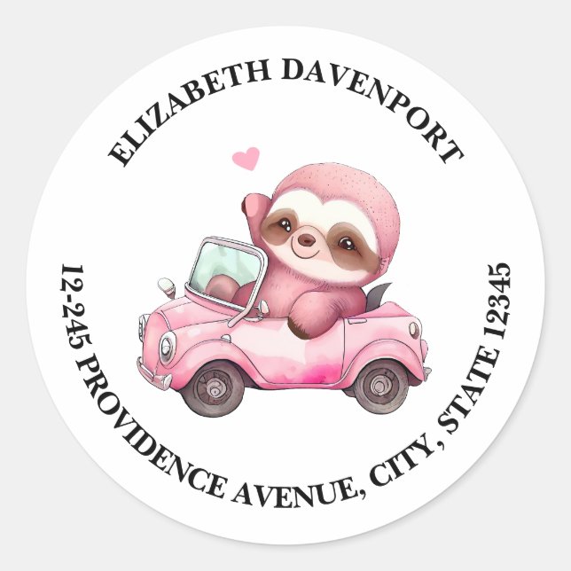 Sticker Rond Sourire rose Sloth conduisant une adresse converti (Devant)