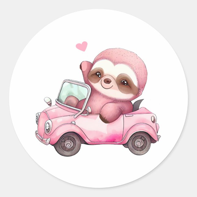 Sticker Rond Sourire rose Sloth conduisant une convertible (Devant)