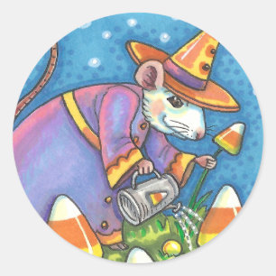 STICKER ROND SOURIS BLANC DANS JARDIN DE CANDY CORN, COLORÉ & C