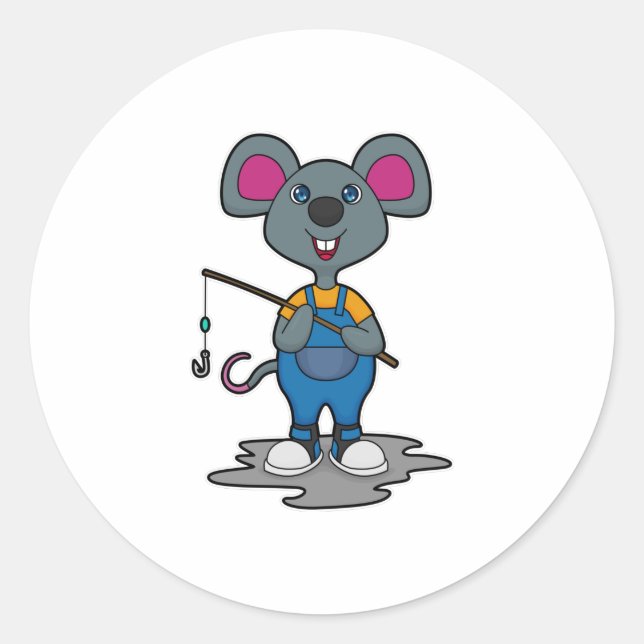 Sticker Rond Souris comme Fisher avec une baguette de pêche (Devant)