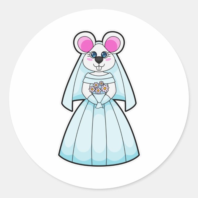 Sticker Rond Souris comme Mariée avec Bunch de fleurs (Devant)