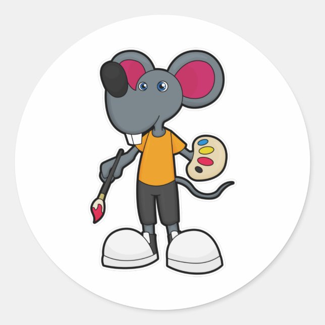 Sticker Rond Souris comme Peintre avec Peinture et Pinceau (Devant)