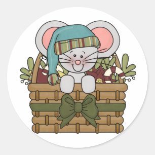 Sticker Rond Souris de Noël dans le panier