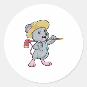 Sticker Rond Souris en fermier avec Ax et Casquette