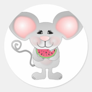 Sticker Rond souris grise adorable tenant une pastèque