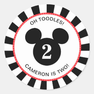 Sticker Rond Souris Mickey  Icône Noir et Blanc rayé Anniversai